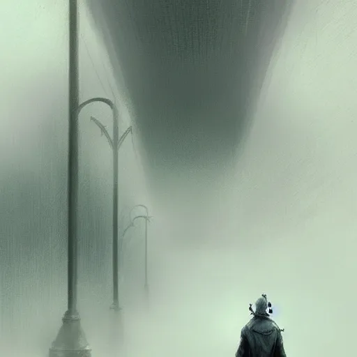 Prompt: a person walking down a street in the fog, concept art by Bastien Lecouffe-Deharme, trending on cgsociety, panfuturism, 2d game art, dystopian art, matte drawing