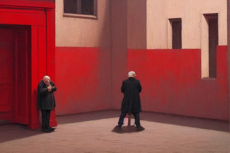 Image similar to only with red, a red old man try to sell a portrait, cheering crowd, in a old city square, in the style of beksinski, parts by edward hopper, parts by rodcenko, parts by yue minjun, intricate and epic composition, red by caravaggio, insanely quality, highly detailed, masterpiece, red light, artstation, 4 k