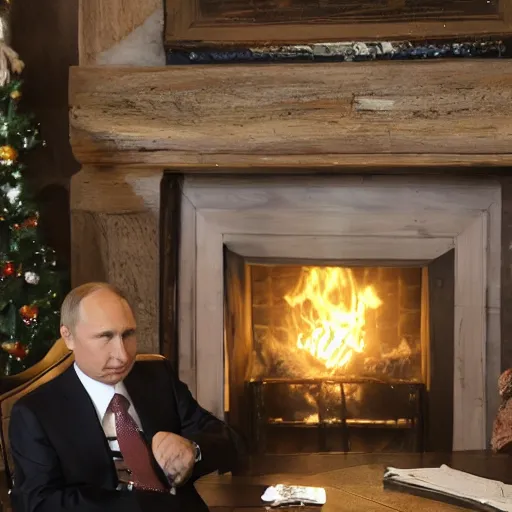 Image similar to vladimir putin looking into a log fire smirking reflections lighting