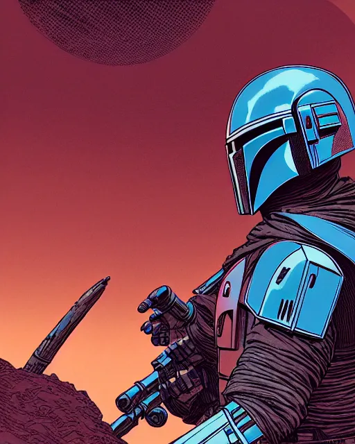 Image similar to closeup potrait of the mandalorian in a battle, intricate, volumetric lighting, moebius, geof darrow, frank miller, dan mumford, detailed illustration, digital art, victo ngai, kilian eng, frank miller, moebius, dan mumford, action pose, off angle camera tilt, vector art