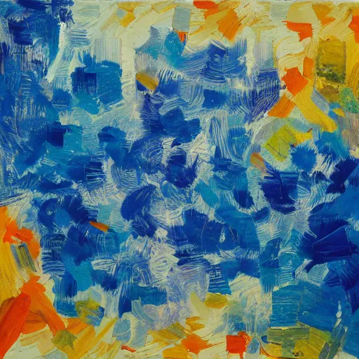 Prompt: floating blobs of blue water on a plain background, oil on canvas, abstract art, caustics, volumetric light, in the style of jean - paul riopelle