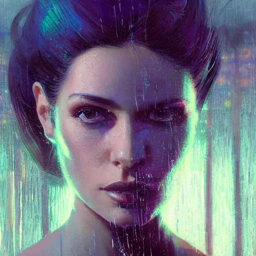Image similar to detailed face of a woman clothed in textiles, lush, opulent, fauna, utopian, tech noir, wet reflections, prism, atmospheric, ambient, pj crook, syd mead, livia prima, artgerm, greg rutkowski, nick alm, casey baugh
