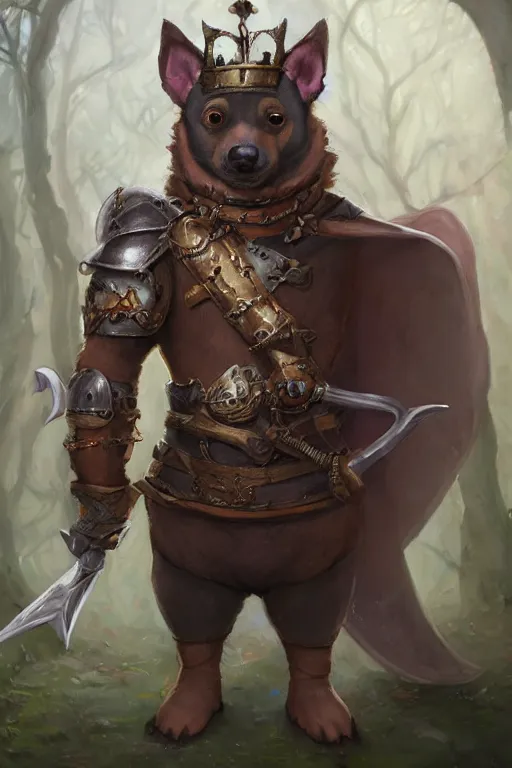 Image similar to cute anthropomorphic fat Pinscher knight wearing a cape and a crown, tiny, small, miniature bear, baby animal, short, pale blue armor, cute and adorable, pretty, beautiful, DnD character art portrait, matte fantasy painting, DeviantArt Artstation, by Jason Felix by Steve Argyle by Tyler Jacobson by Peter Mohrbacher, cinematic lighting