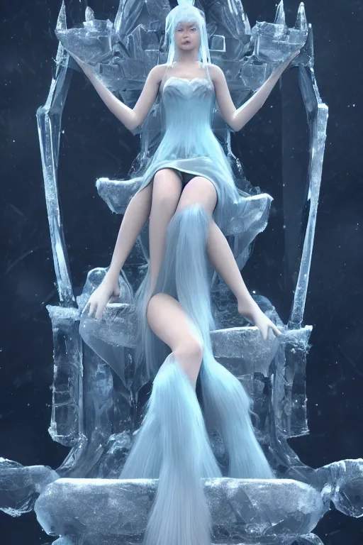 Prompt: Beautiful Ice Princess!! sitting on an ice throne legs crossed, arms resting on throne, no shoes, frost, fantasy, elegant, artstation, hard focus, octane render