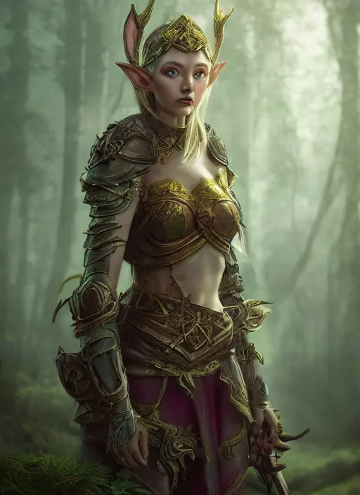 Prompt: Beautiful art portrait of a female fantasy elf noble in plate armour in a bright temple surrounded by lush forest, atmospheric lighting, intricate detail, cgsociety, hyperrealistic, octane render, RPG portrait, ambient light, dynamic lighting