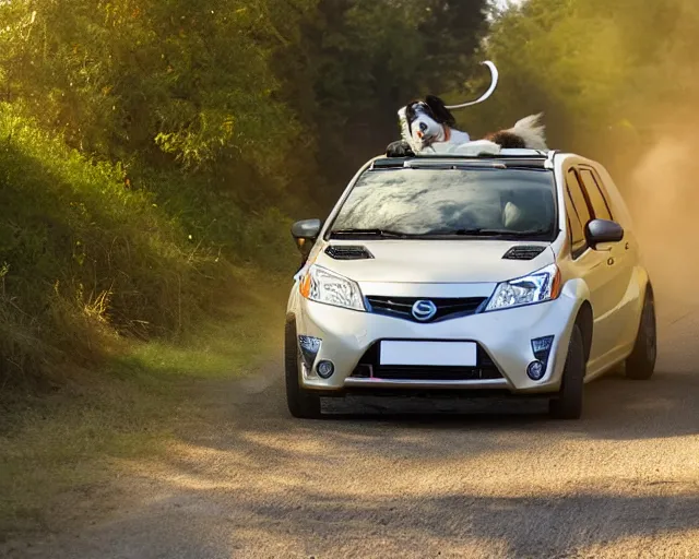 Image similar to border collie dog in the driver's seat of an orange nissan note, paws on wheel, car moving fast, rally driving photo, award winning photo, golden hour, front of car angle