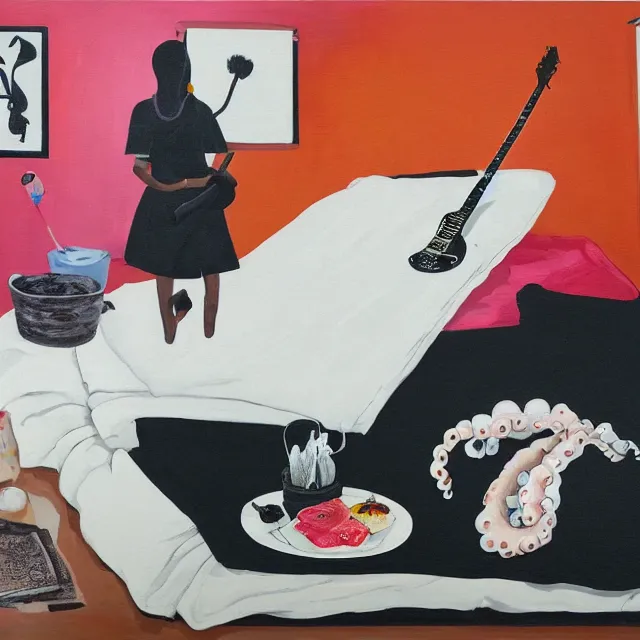 Image similar to a portrait in a female artist's zen bedroom, black walls, a tall girl sleeping, pancakes, sheet music, electric guitar, surgical supplies, ikebana, sensual, octopus, neo - expressionism, surrealism, acrylic and spray paint and oilstick on canvas