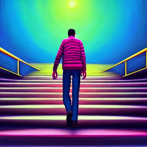 Image similar to photo - realistic, painting of a man walking alone in the boulevard of psychedelic dreams, trippy stairs in the background highly detailed, hyper detail, sharp, in the style of beeple, mobeius, rule of thirds, unreal engine trending on artstation