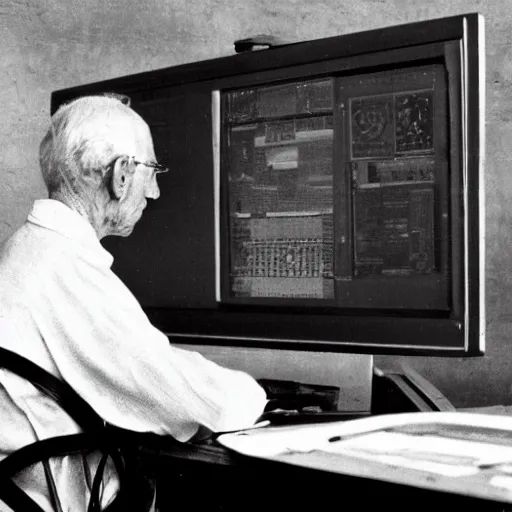 Image similar to old man staring at a highly advanced computer , old photo , 1824 , HD , 4k