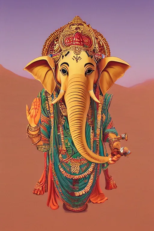 Prompt: Ganesha in the desert, painting by Hsiang-Ron Cheng,