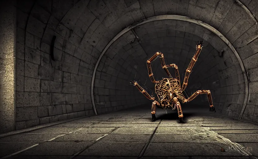 Image similar to mechanical spider in a sewer, ultra detailed digital art, fine drawing, hyper real, 4 k, moody lighting