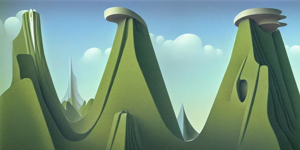 Prompt: huge gargantuan angular building by escher and ricardo bofill. utopian landscape by roger dean. magical realism, surrealism, waterfalls, clouds, trending on artstation, shot from below,