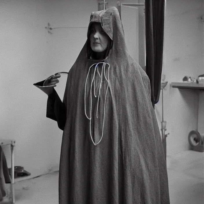 Prompt: a woman wearing a hood made of wire and plastic, in a laundry mat, by jan van eyck, canon eos c 3 0 0, ƒ 1. 8, 3 5 mm, 8 k, medium - format print