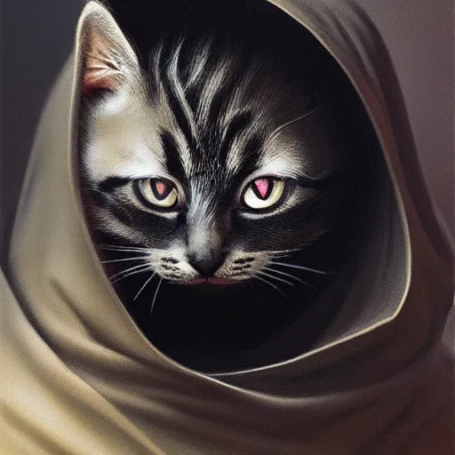 Image similar to a portrait of a kitten wearing a black hood, cloak covering face, anatomically correct, beautiful perfect face, enigmatic, oil painting, matte, black background, Volumetric dynamic lighting, Highly Detailed, Cinematic Lighting, Unreal Engine, 8k, HD, by Beksinski