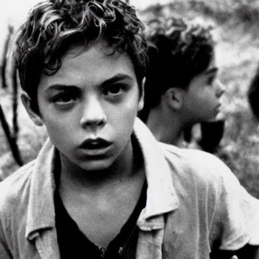 Prompt: jake t. austin plays ralph in lord of the flies ( 1 9 6 3 ), 3 5 mm black and white, highly detailed, cinematic lighting
