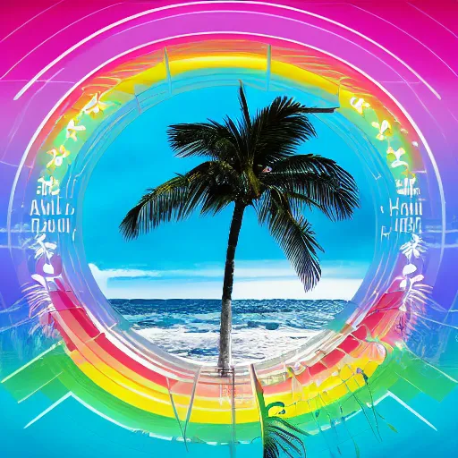 Image similar to miracle musical Hawaii part ii album cover, showing an ocean in the background, spiral transparent stairs on the left with tall palm trees behind it, a slight rainbow in the background, white outline border, moon in the right top area black and white except for the rainbow album cover