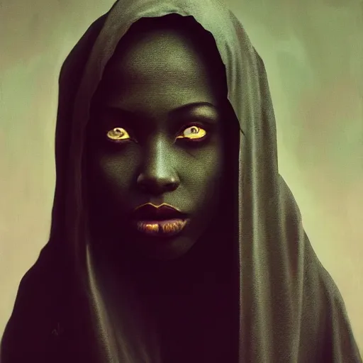 Image similar to a portrait of a young black woman wearing a long dark cloak, hood and shadows covering face, anatomically correct, beautiful perfect face, enigmatic, oil painting, matte painting, black background, Volumetric dynamic lighting, Highly Detailed, Cinematic Lighting, Unreal Engine, 8k, HD, by Beksinski