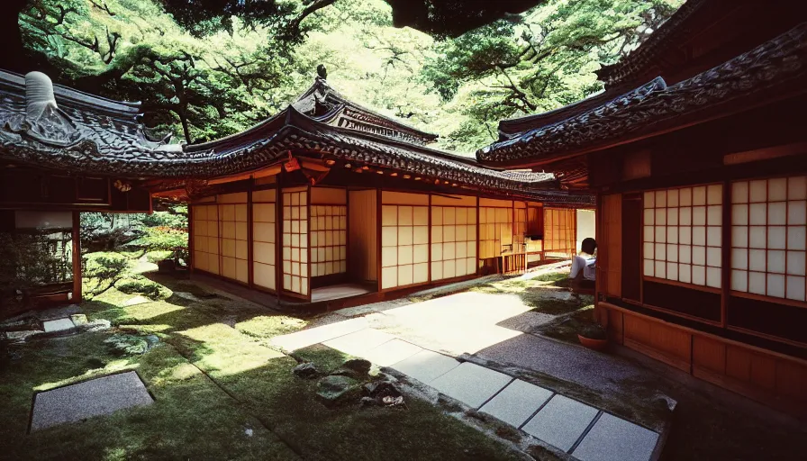 Image similar to 1 9 9 0 s candid 3 5 mm photo of a beautiful day in the a dreamy japanese flowery cottage designed by gucci, cinematic lighting, cinematic look, golden hour, a desk for flower arrangements and journaling has sun shinning on it through a window, temple in the distance, uhd