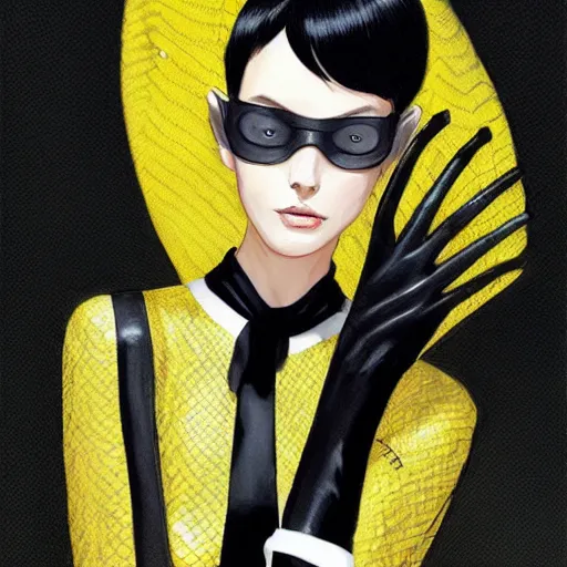 Image similar to slim girl in yellow snake skin tuxedo and black leather gloves with short black hair and with black eye patch, elegant, 2d, ultra highly detailed, digital painting, smooth, sharp focus, artstation, art by Ilya Kuvshinov