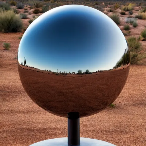 Image similar to a large metallic ball with a mirror finish sits in the arizona desert, photorealistic