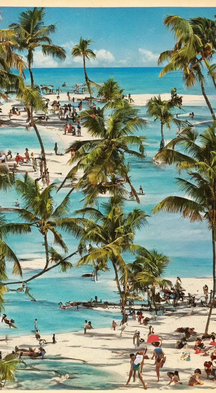 Image similar to a 1950s vacation pamphlet about a Caribbean beach,