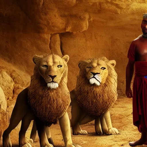 Image similar to film still of 3 5 year old man in ancient canaanite clothing surrounded by ferocious lions. cave interior background, hd wallpaper, 8 k