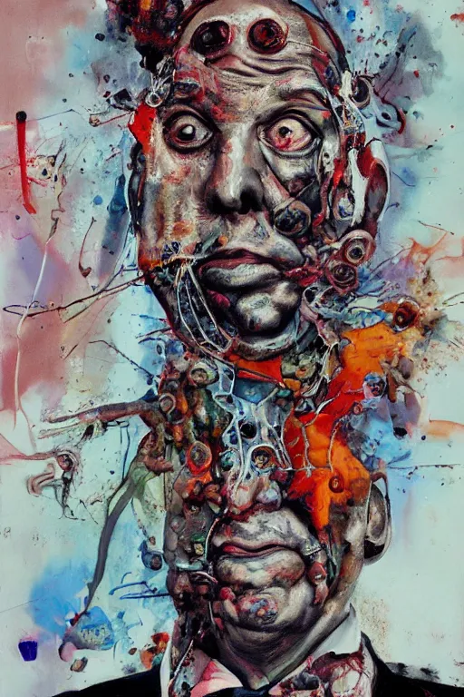 Image similar to paul blart full body shot, hyper - realistic oil painting, body horror, biopunk, by ralph steadman, francis bacon, hunter s thompson