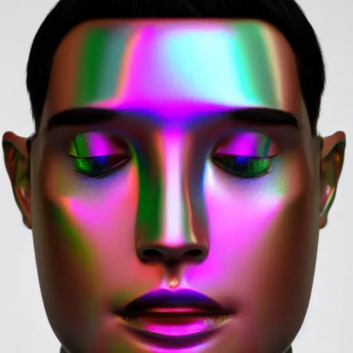 Image similar to 3d render of holographic human robotic head made of glossy iridescent, surrealistic 3d illustration of a human face non-binary, non binary model, 3d model human, cryengine, made of holographic texture, holographic material, holographic rainbow, concept of cyborg and artificial intelligence