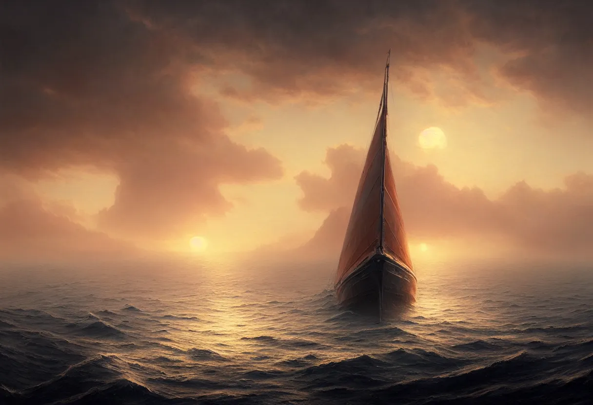 Image similar to strange sea surface of autumn planet at sunset, sailing ship on horizon, ultra high definition, ultra detailed, symmetry, fog, matte painting, by greg rutkowski and ross tran and wlop