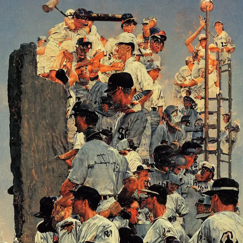 Image similar to a baseball field with an ancient monolith with glowing runes. highly detailed painting by norman rockwell and syd mead. rich colors, high contrast, gloomy atmosphere, dark background.