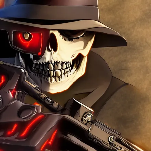 Image similar to a close shot of a grim reaper as gunsliger man in trigun series, skull face, movie shot, anime, hightly detailed, rescalated 4 k, detailed