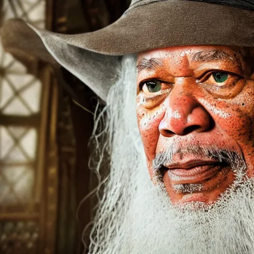 Prompt: morgan freeman starring as gandalf in lord of the rings, videogame still, portrait, 4 0 mm lens, shallow depth of field, close up, split lighting, cinematic