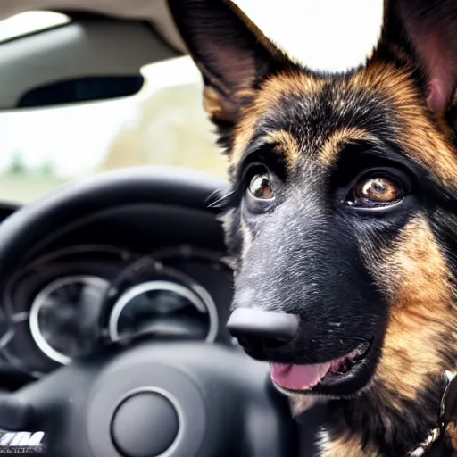 Prompt: photo german shepard with sunglasses driving a car on a highway, 4 k, photorealistic