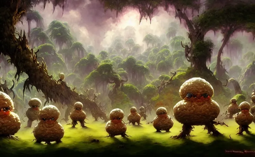 Image similar to a group of rice ball creatures with unthreatening facial expressions ; magic : the gathering fantasy concept art of balls of rice with blank facial expressions, by frank frazetta and marco bucci, high resolution. magical fantasy forest in the background, fantasy coloring, intricate, digital painting, artstation, smooth, sharp focus