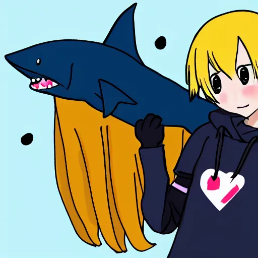 Image similar to a blonde-girl-in-a-black-hoodie holding a blue-shark-stuffie, anime style digital art