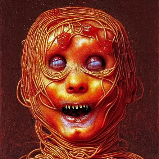 Image similar to a boy made of spaghetti and tomato sauce, looking straight into camera, screaming in desperation, by giuseppe arcimboldo and ambrosius benson, renaissance, fruit, intricate and intense oil paint, a touch of beksinski and hr giger and edward munch, realistic