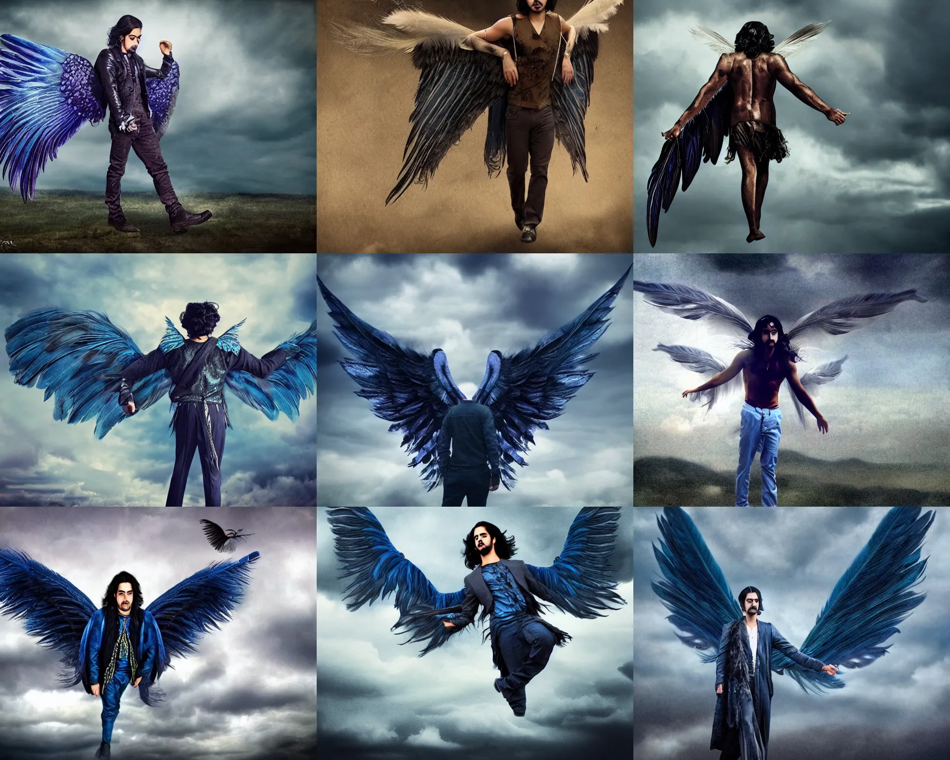 Prompt: angel avan jogia with indigo-feather wings. Flying in a stormy sky. Distant full body shot. High detailed, matte painting