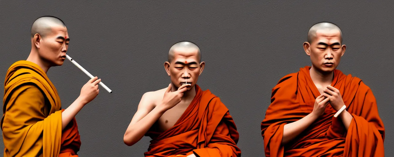 Image similar to Thailand Buddhist monk Smoking Weed, realistic, trending on artstation, high quality, highly detailed