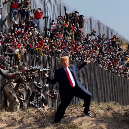 Prompt: Donald Trump firing a minigun into waves of Mexican zombies attempting to illegally climb over his giant Mexican border wall