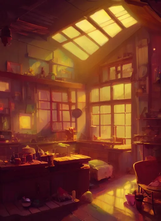 Prompt: beautiful interior of a cozy woodworker shop, james gilleard, delphin enjolras, goro fujita, makoto shinkai, paul lehr, exquisite lighting, octane render, very coherent, trending on artstation