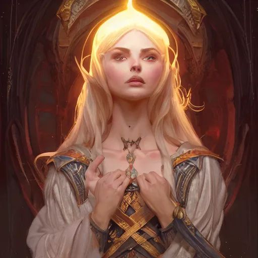 Image similar to full portrait of a beautiful high elf , D&D, fantasy, intricate, cinematic lighting, highly detailed, digital painting, artstation, concept art, smooth, sharp focus, illustration, art by Terry Moore and Greg Rutkowski and Alphonse Mucha