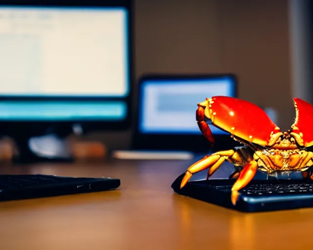 Prompt: A crab sitting in front of a computer, code on the screen