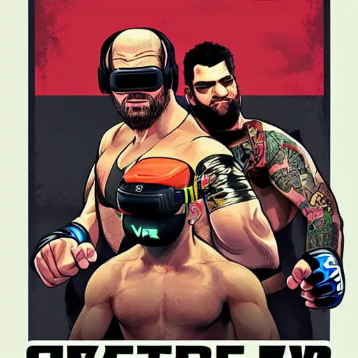 Prompt: poster art of wrestlers wearing vr headsets, gta cover, apex legends, tap out, ufc, digital illustration by sam spratt