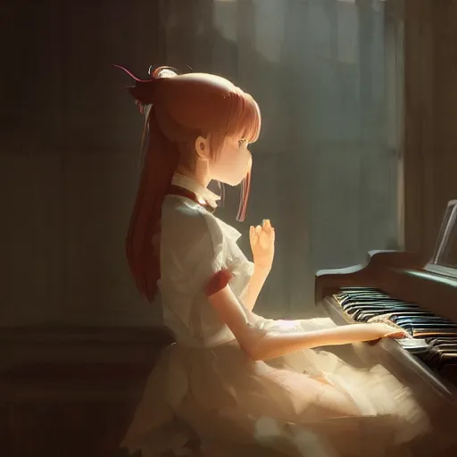 Image similar to anime girl Playing the Piano instrument , digital Art, Greg rutkowski, Trending cinematographic artstation