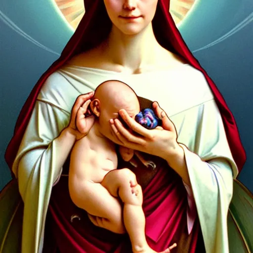 Prompt: the virgin mary holding fetus embryo baby saviour, highly detailed, digital painting, concept art, smooth, sharp focus, illustration, surrealist, absurd, humorous, photoshop, art by artgerm and greg rutkowski and alphonse mucha