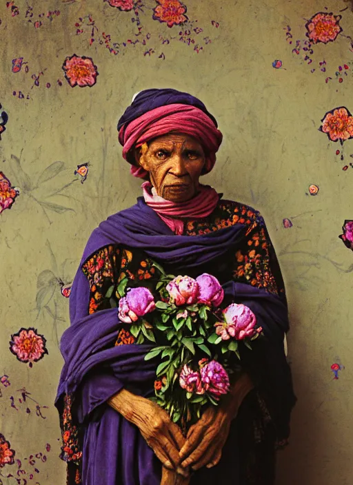 Prompt: flowers pattern on wall, portrait of a old woman, tuareg, nomads, vultures, dark background, purple colour scheme, many peonies, flower buds, birds, full length, masterpiece, dark background, art by caravaggio, alphonse mucha, giger, guyver, cinestill, moviestill, bokeh, tarkovsky, artstation