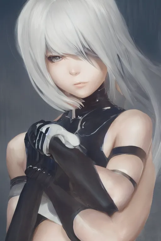 Image similar to An anime portrait of 2B from Nier Automata, by Stanley Artgerm Lau, WLOP, Rossdraws, James Jean, Andrei Riabovitchev, Marc Simonetti, and Sakimichan, tranding on artstation