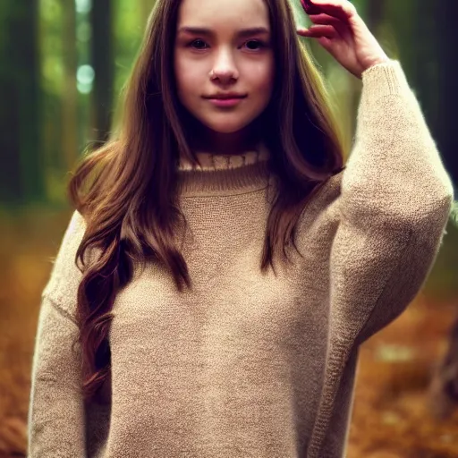 Image similar to real life photo of a beautiful girl, full body photoshoot, long brown hair, brown eyes, full round face, short smile, belly free, brown sweater, forest setting, cinematic lightning, medium shot, mid - shot, highly detailed, trending on artstation, unreal engine 4 k, 8 0 mm, 8 5 mm, cinematic wallpaper