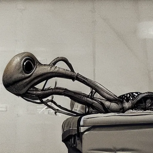 Image similar to alien on a gurney in hanger, grainy, vintage photo, sepia, old photo, realistic, detailed,