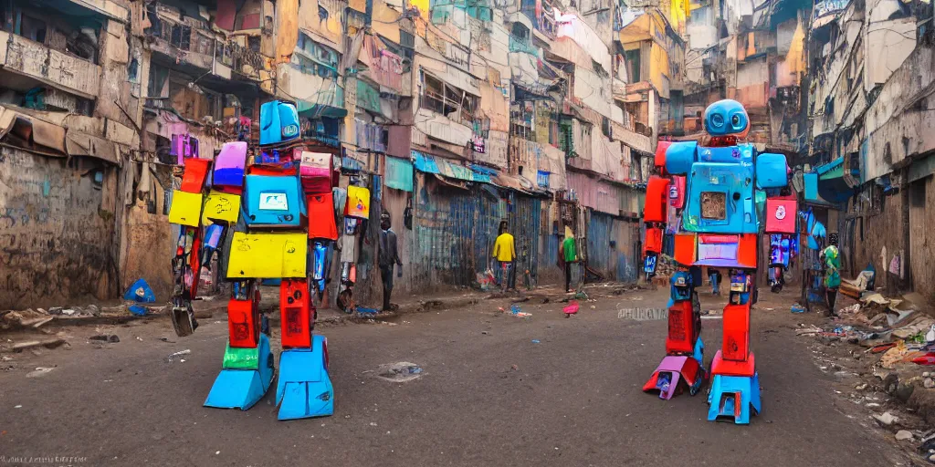 Prompt: colourful giant mecha ROBOT of AJEGUNLE SLUMS of Lagos, markings on robot, ajegunle is neon lit, Night,